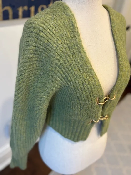 Cult Gaia Olive Green Hook-Front Ribbed Cardigan - Picture 7 of 10